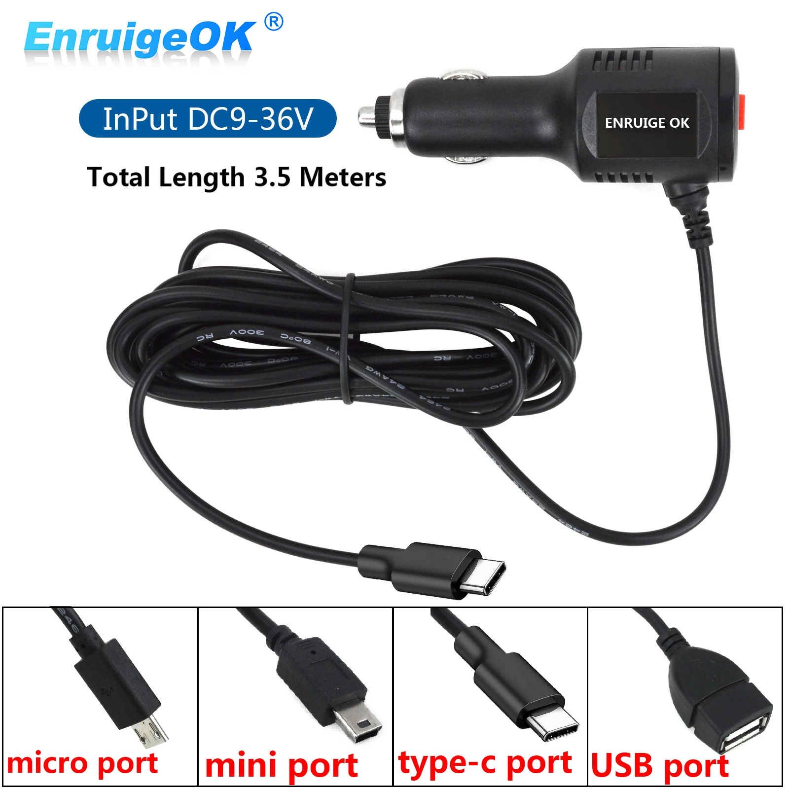 

Type-c Mini Micro USB Car Charger Power Cable port for vehicle Phone tables DVR Dash Cam Camera GPS 3.5M input DC 9-35V