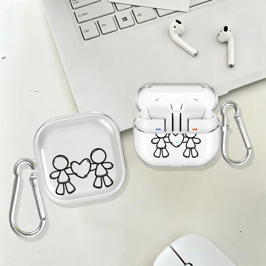 Clear Earphone Cases Cover With Hook Case For Samsung Galaxy Buds 2Pro 4 Pro 3Pro 2 3 FE 4Pro Live Doodle Couple Print