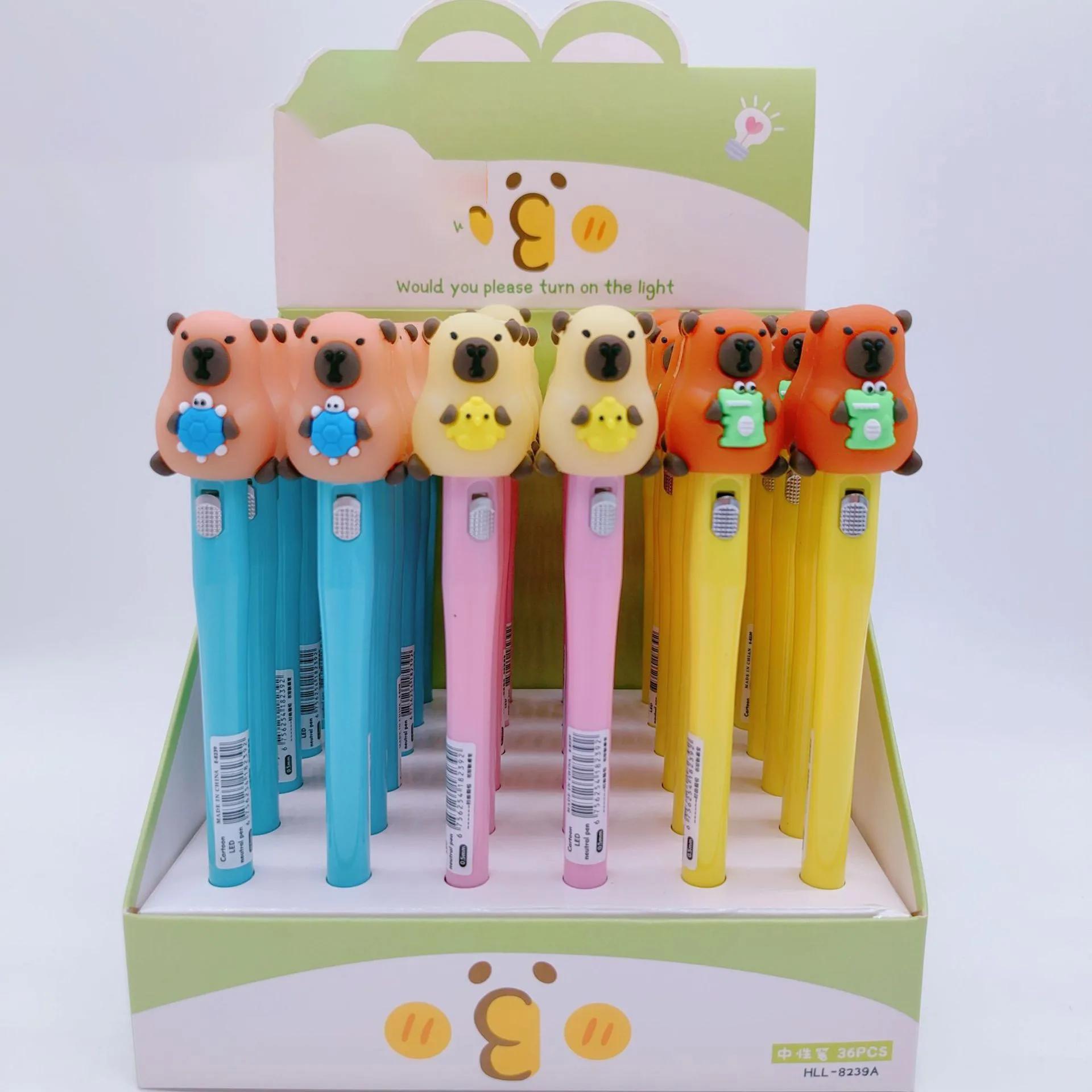 3Pcs/Set Cute Capybara LED Ballpoint Pens 0.5mm Blue Ink Smooth Writing Light Gel Pens Kids School Stationery Office Supplies
