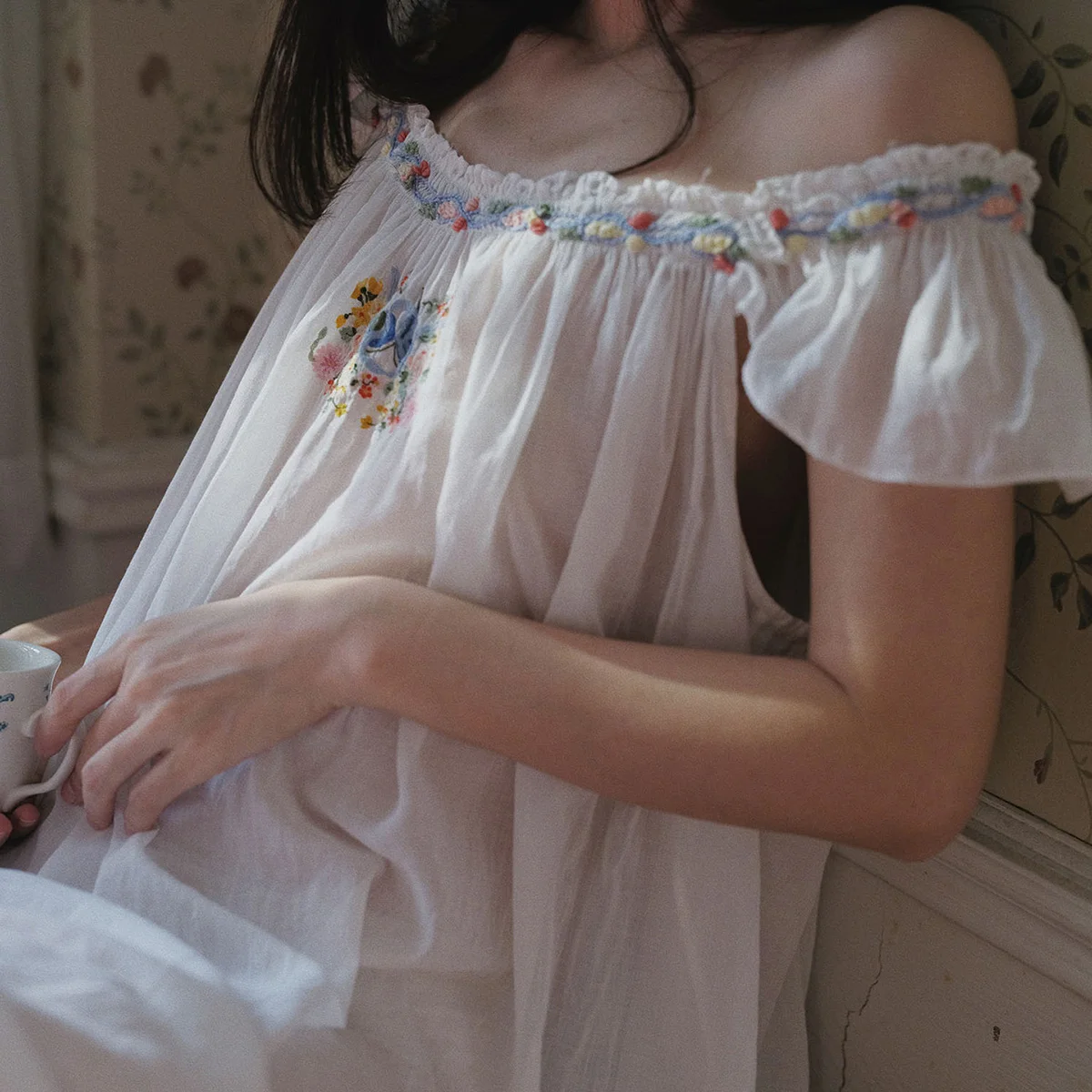Women Transparent Handmade Embroidery French Hand Embroidered Sweet Nightgown 100% Cotton Outside Summer Sleepwear