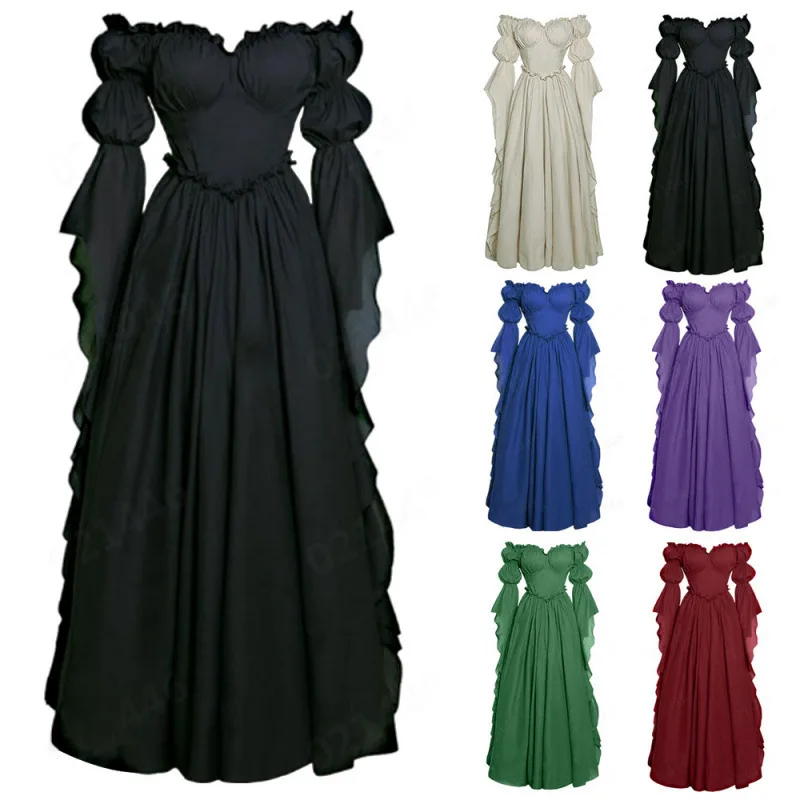 

European And American Stage Performance Long Dress Medieval Court Dresses Women Retro Costume Cosplay Full Set Carnival Party
