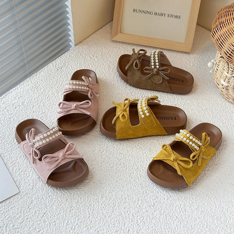 

2025 candy colored girls slippers suede leather children's beach shoes butterfly bow pearl princess walking shoes children