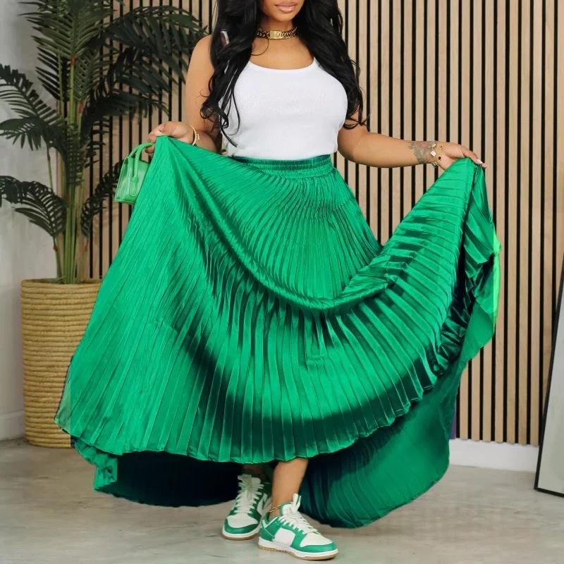 2024 New Fashionable Women Fashion Pleated Big Swing Maxi Long Skirts Streetwear Vintage Loose Party Evening Skirt