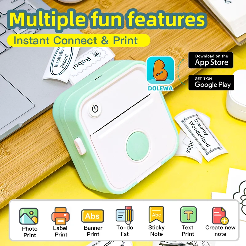 DOLEWA Mini Sticker Printer Printer D5, Bluetooth Smart Pocket Inkless Thermal Printer , Portable Receipt Printer for Photo
