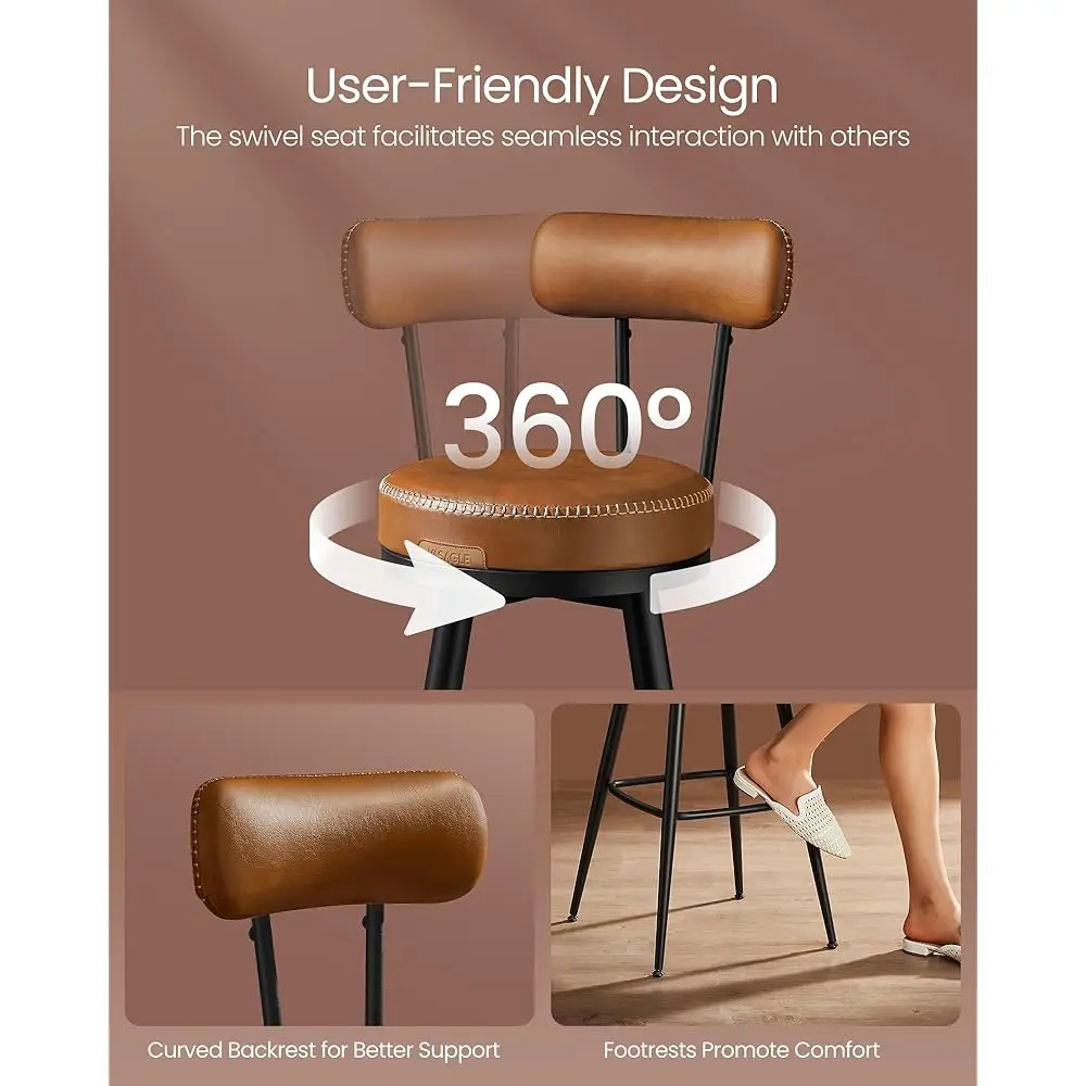 Ekho Collection - Bar Stools Set Of 2, Swivel Bar Height Bar Stools With Back, Synthetic Leather With Stitching, Mid- Modern,