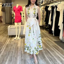 VGH Hit Color Printing Patchwork Lace Up Elegant Dresses For Women Lapel Sleeveless High Waist Temperament Long Dress Female New