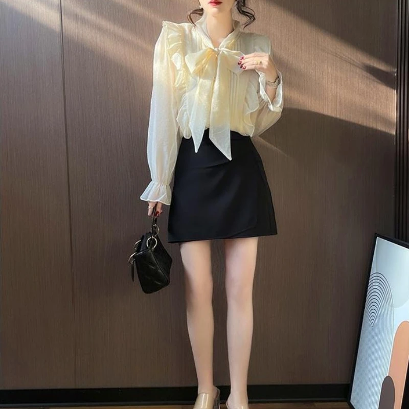 Womens Bow Knot Ruffled Neck Lace Shirt Spring Fall 2026 Loose Trendy Top