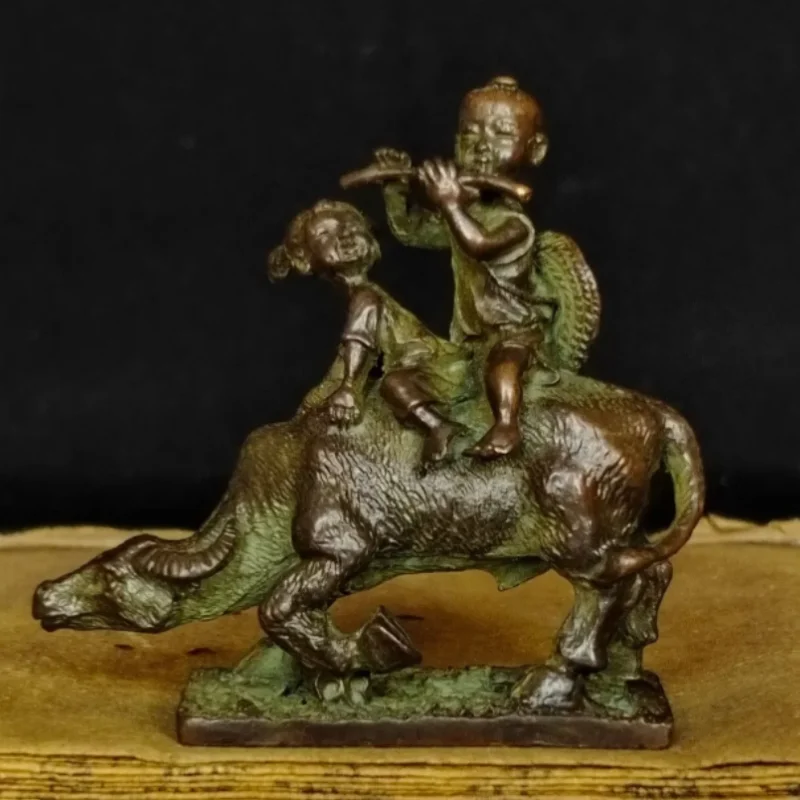 

Old Chinese Pure Brass Copper Fengshui Two Kid Boy Child Bull Oxen Wealth Statue