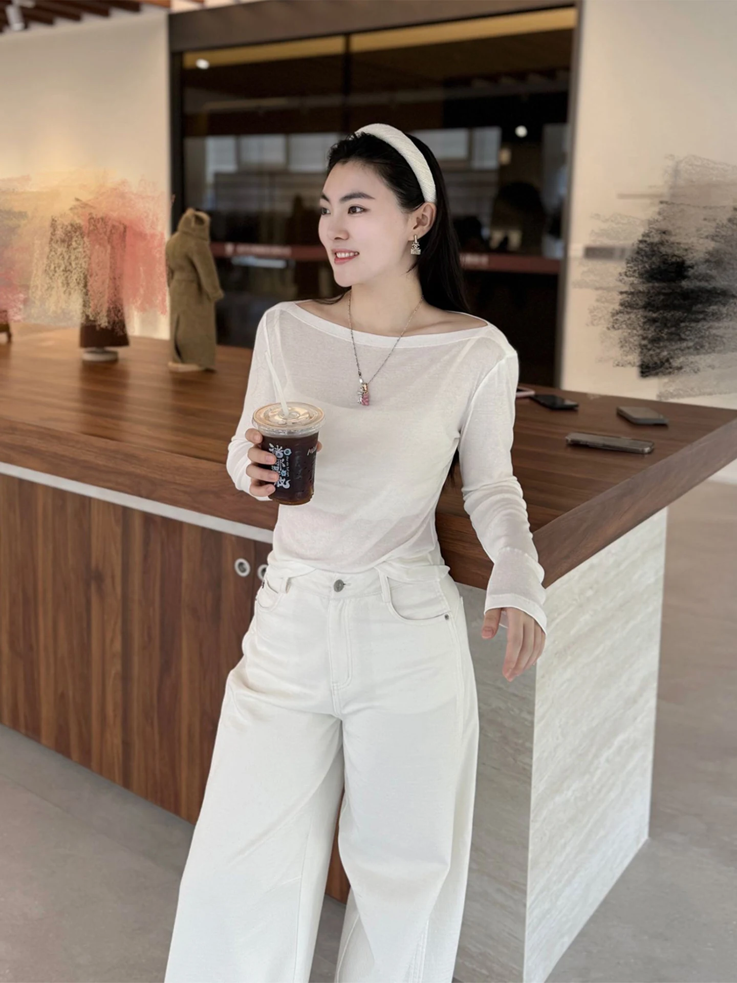 

AW Wang Nannan One-oulder Neline Long Sve Comfortable Cool Feeling T-irt Women's Slim Fit Pure Cotton Casual Top