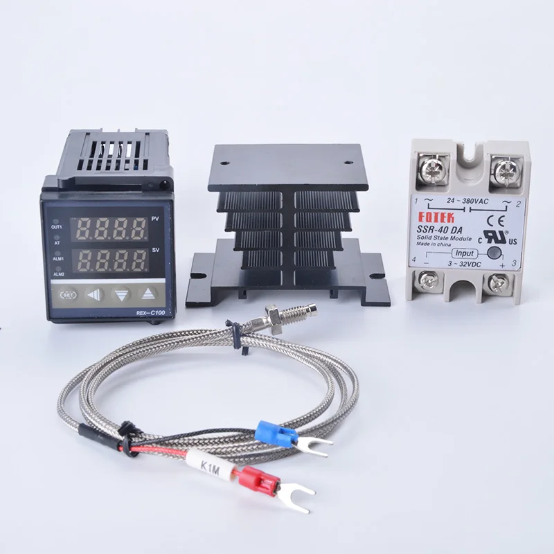 

Digital PID Temperature Controller REX-C100 REX C100 thermostat + 40DA SSR Relay+ K Thermocouple 1m Probe RKC+Heat sink