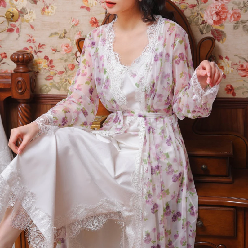 Floral Mesh Night Dress Robe Sets Women Two Pieces Sexy Long Peignoir Romantic Nightgown Bathrobe Nightwear Princess Sleepwear