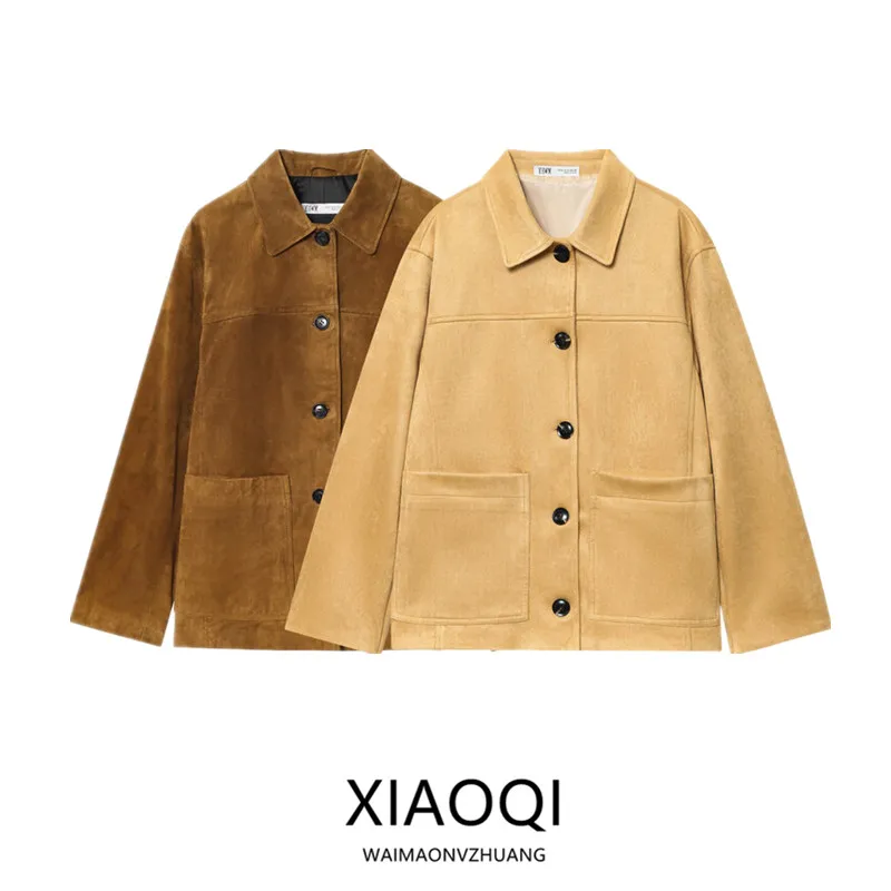 Women's Loose Long Sleeve Faux Leather Jacket Autumn New Arrival Versatile Outerwear Warmth Fashion Style Button Closure
