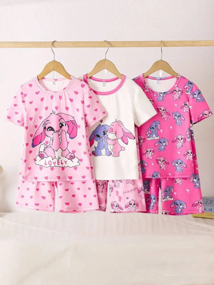 

4pcs Women Short Sleeve Pajama Set With Cartoon Bunny And Heart Print Comfortable Soft Knit Sleepwear