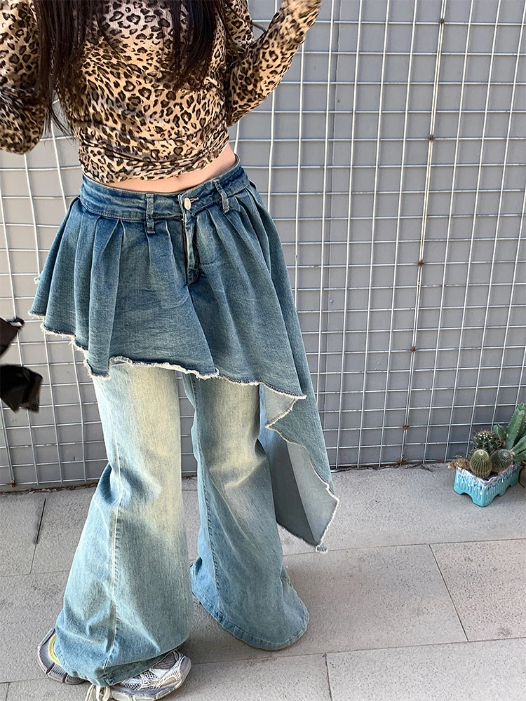 Women Goblin Core Gyaru Japanese Harajuku Y2K Jeans Low Rise Denim Patchwork Trumpet Pants Bell-Bottom Trousers Grunge Kpop Tide