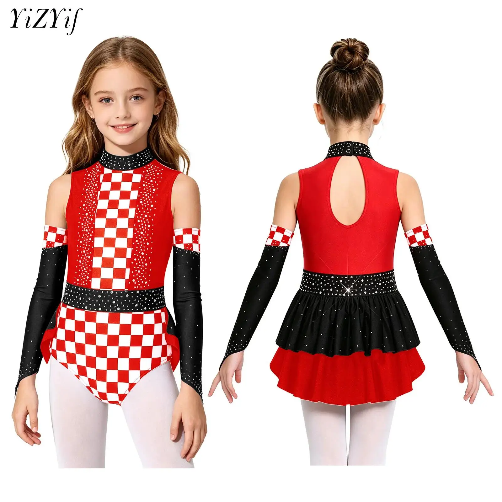 

Kids Girls Racing Driver Costume Ballet Dance Skating Gymnastic Leotard Shiny Rhinestones Sleeveless Plaid Bodysuit with Sleeves