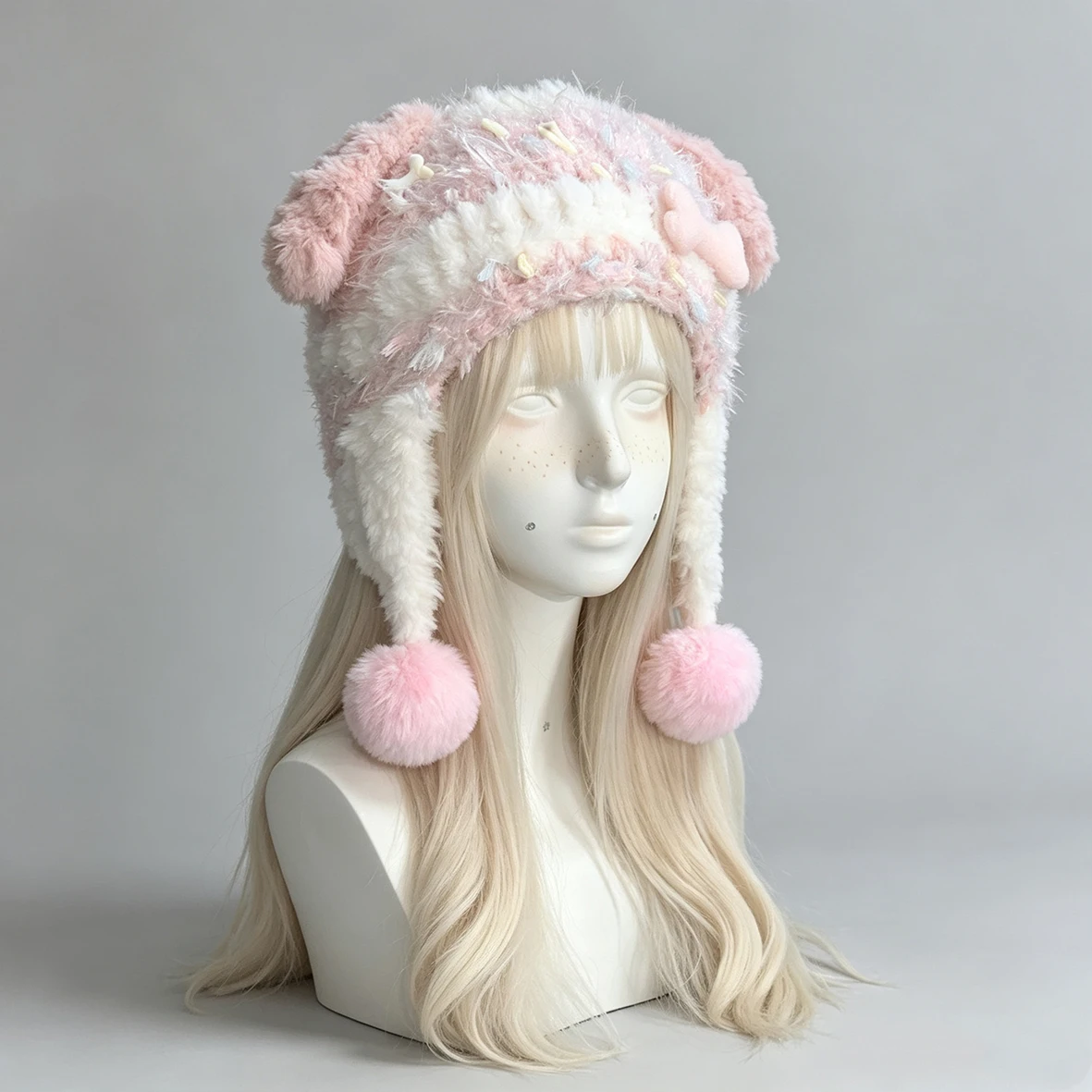 Custom Handmade Pink Puppy Ear Hat Women Crochet Fluffy Winter Bone Charm Pom Knitted Beanie Girls Kawaii Fairycore Earflap