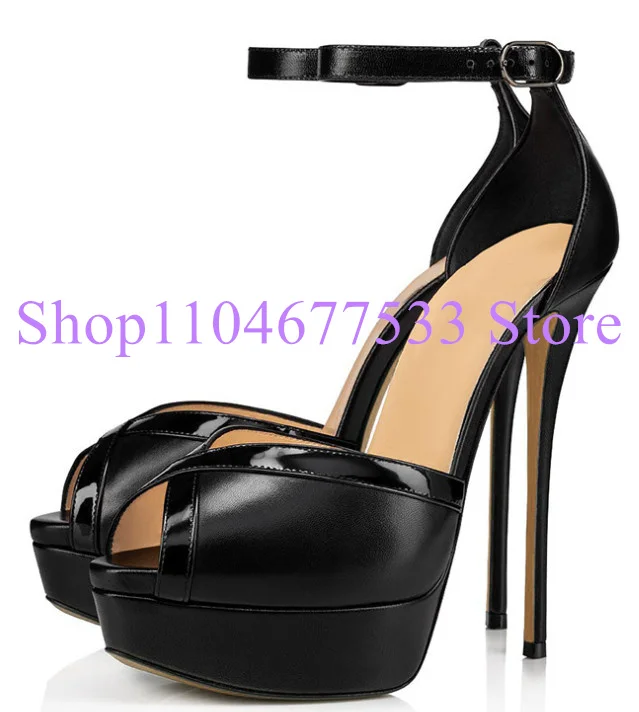 

Black Leather Peep Toe Lady Sandals Shoes Fashion Stiletto Heel Woman Gladiator Sandals Female Large Size Platform Shoes Pumps