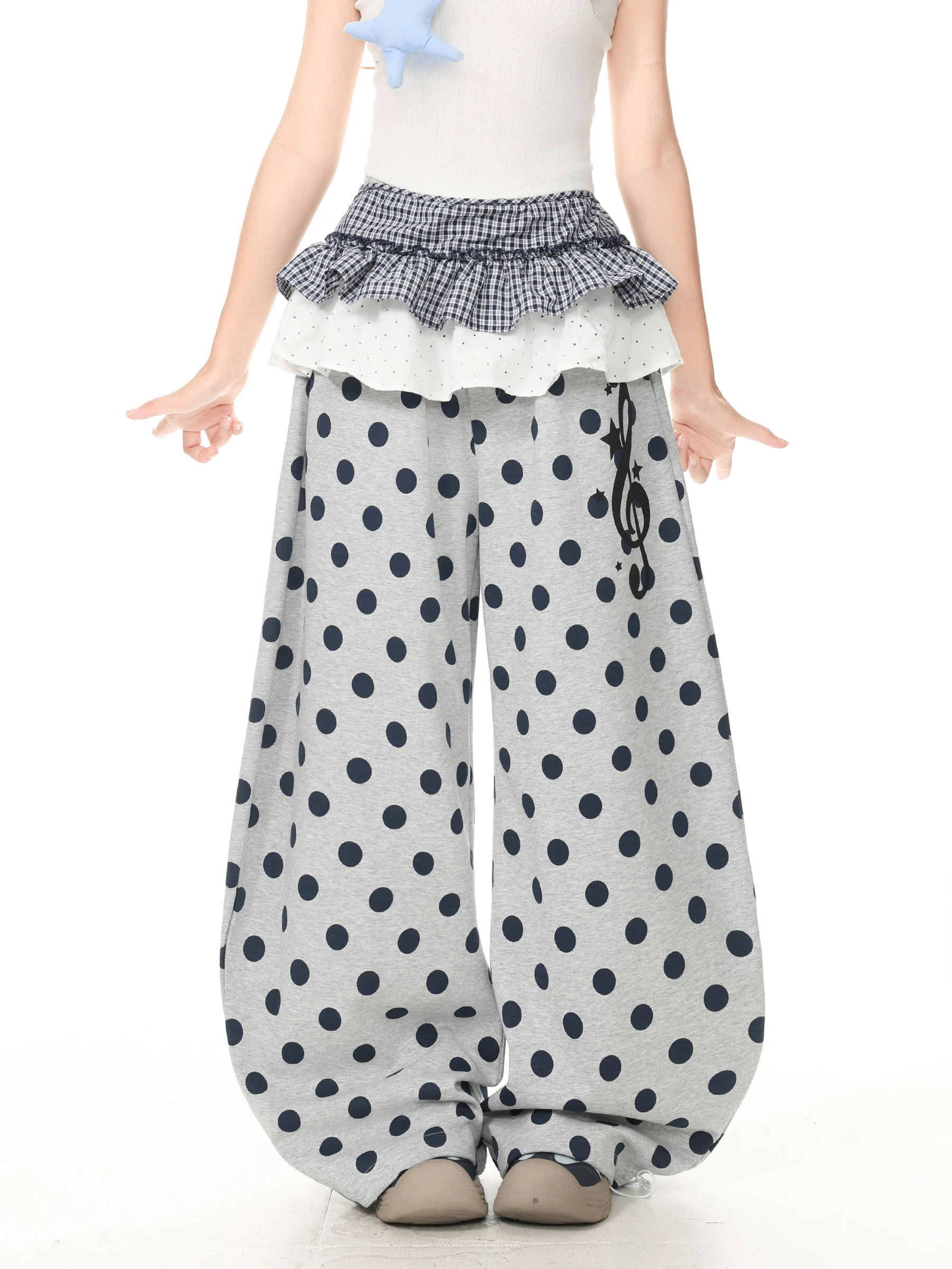 Blue Ghost Park Languid Park Casual Pants Women's Checkered Note Print Straight Leg Autumn Cute Long Pants Comfortable Cotton
