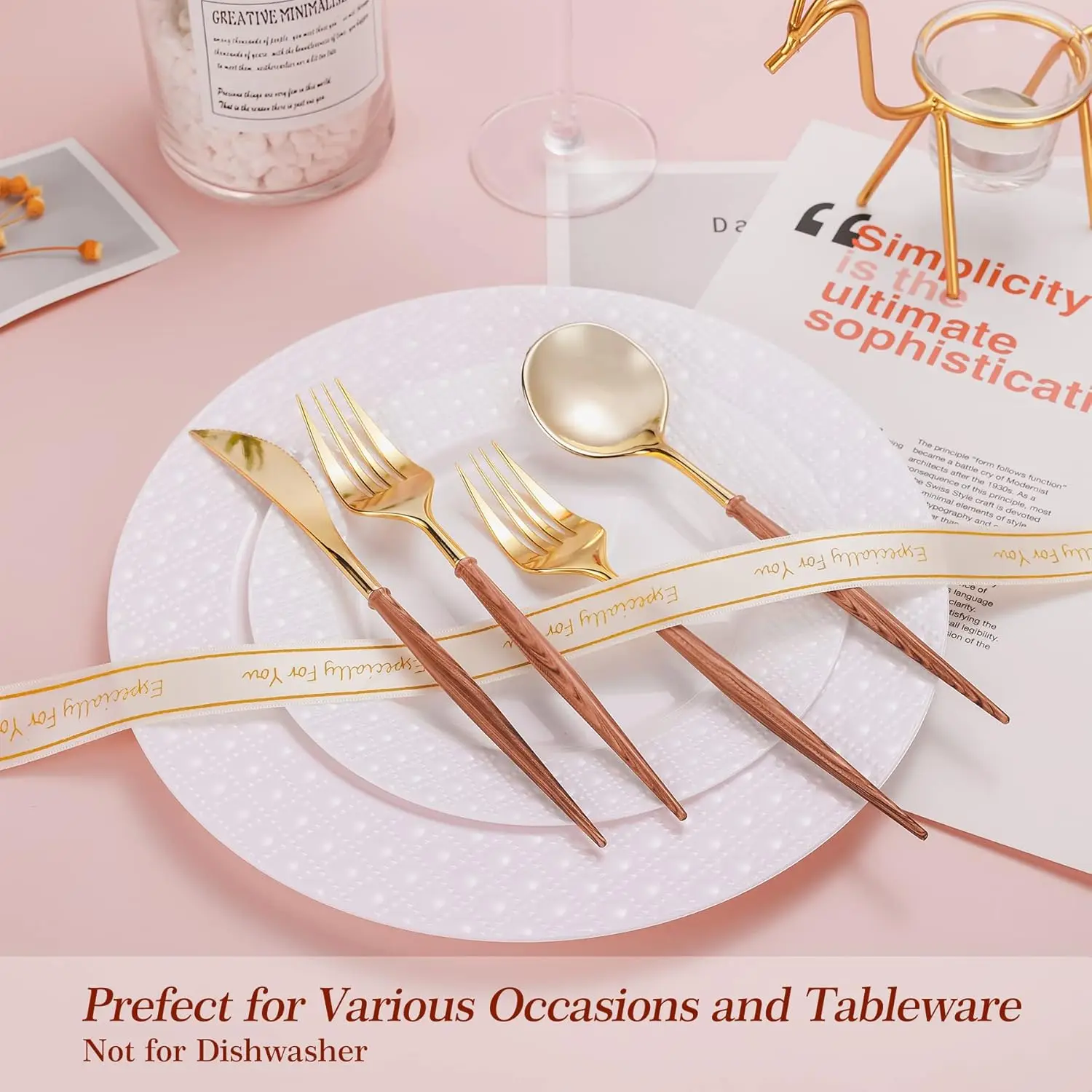 120PCS Gold Plastic Silverware, Gold Disposable Cutlery with Wood Grain Handle Include 40 Forks, 40 Spoons, 40 Knives, E