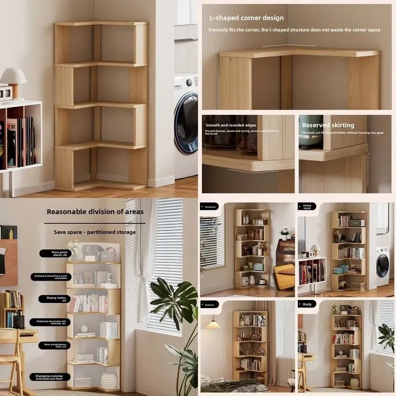 Solid Wood Corner Cabinet Storage Rack 90 Degree Country Style Wall Mounted Bookshelf Floor Shelf for Small Apartment Home