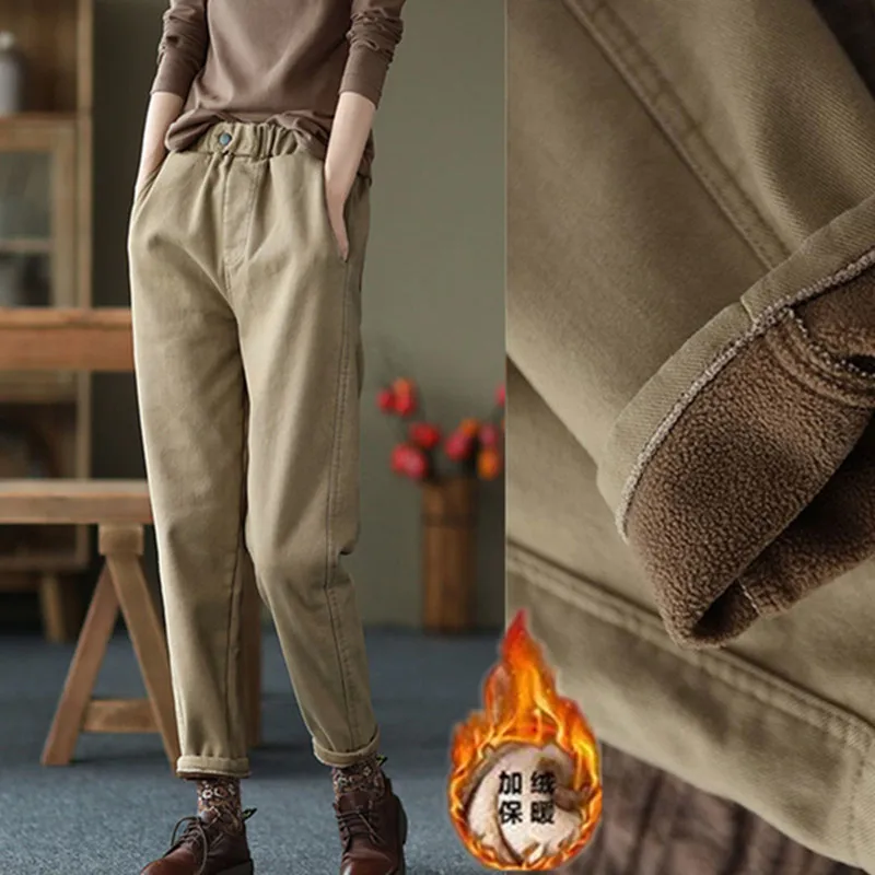 Retro Thickened Elastic Waist Slim Fit Casual Pants Women's Fleece Lined Harlan Pants Autumn Winter New Arrival Ladies' Fashion