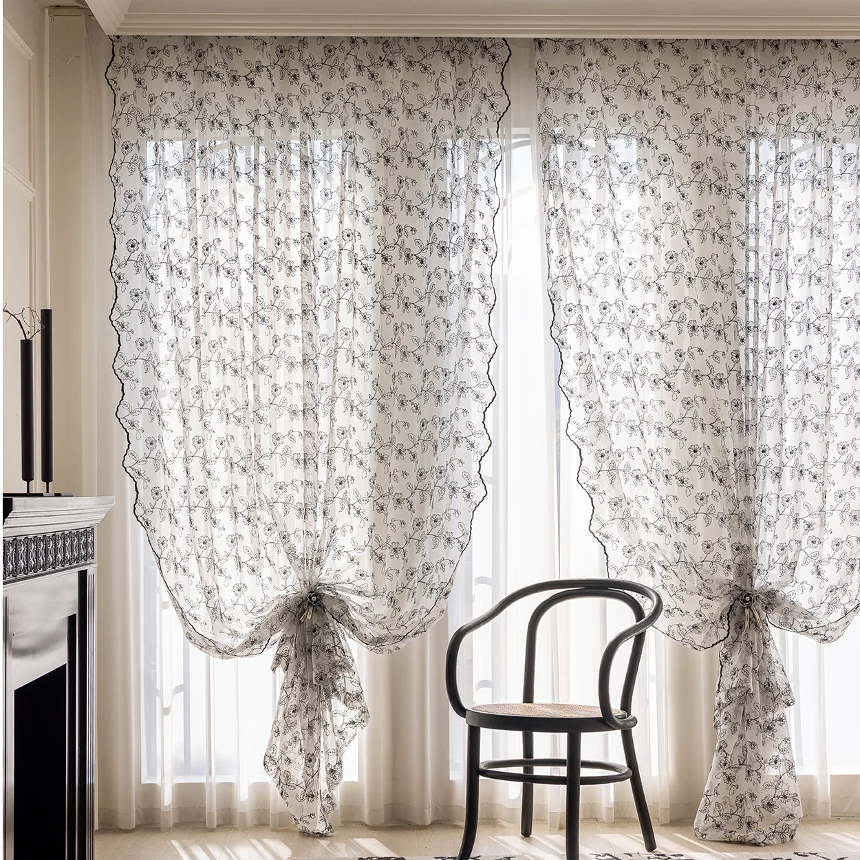 

1pc Lace Embroidery Black Curtains for Bedroom Living Room Vintage Sheer Door Curtains Cafe Ring Light Filtering Lace Window
