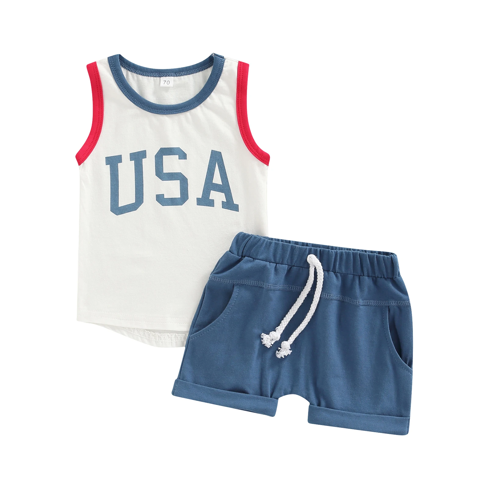 

2022-04-23 Lioraitiin 0-24M Baby Boys Girl Summer Outfit Sets White Sleeveless Letter Print Vest Blue Casual Shorts