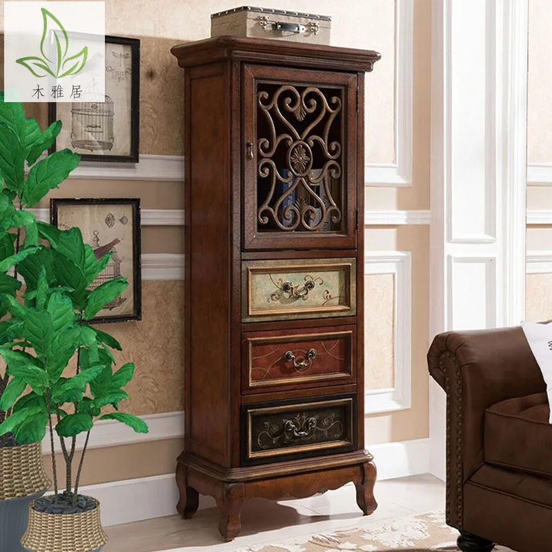 

01American country living room wine cabinet large capacity storage solid wood retro bookcase