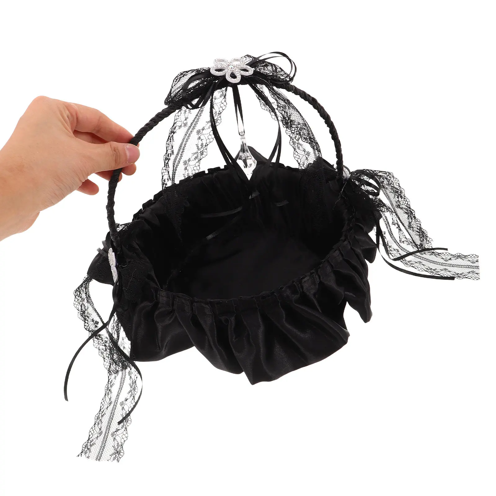 

Black Lace Handheld Flower Basket Wedding Floral Storage Decor For Garden Ceremony Bridal Party Flower Accessory
