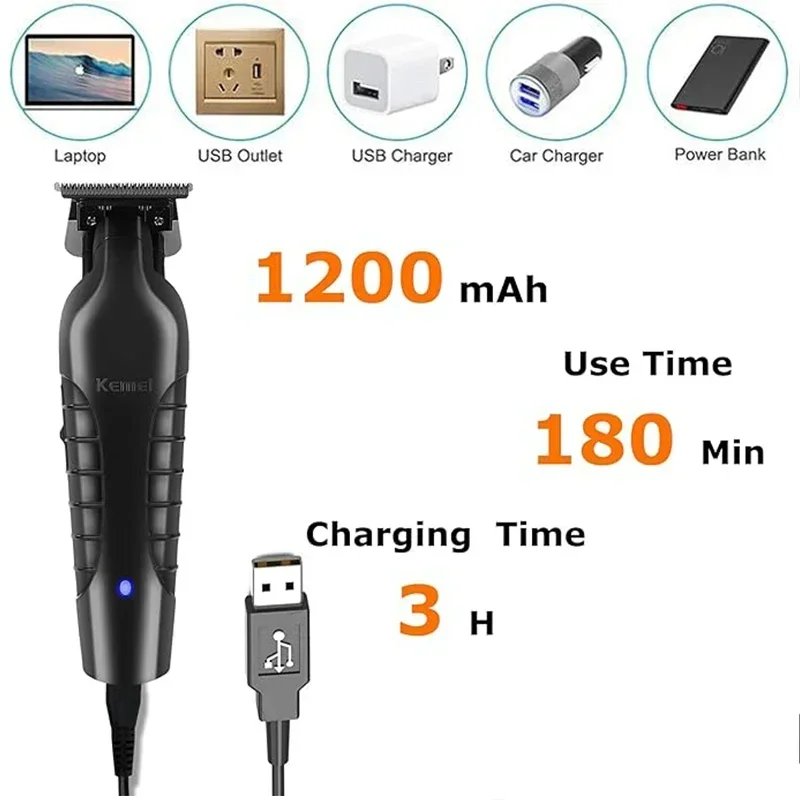 Kemei KM-2299 USB شحن سريع كليبرز ماكينة حلاقة 1200MA قابلة للشحن اللاسلكي الشعر المتقلب Kemei مقص الشعر الكهربائية