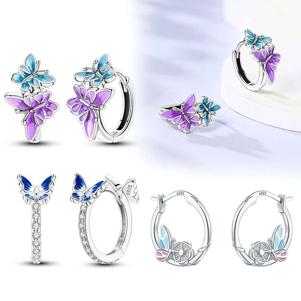 Woman Hoop Earrings 925 Sterling Silver Blue and Purple Butterfly Earrings For Women Earrings Jewelry Gifts