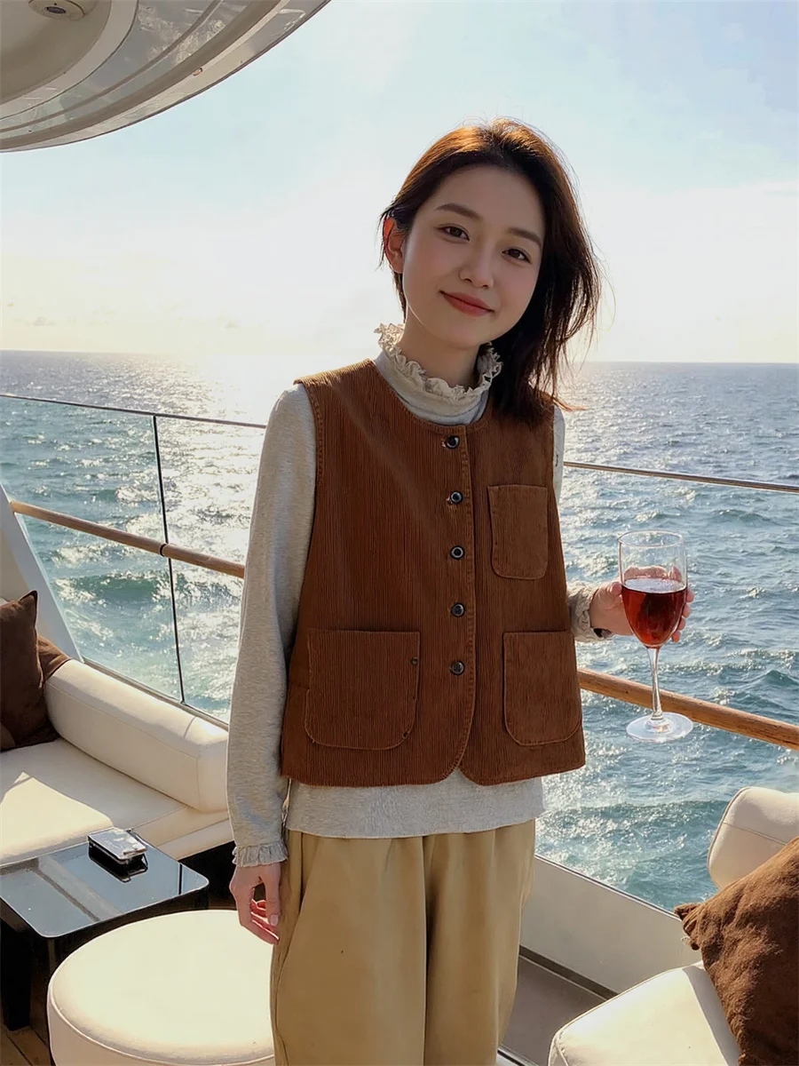 

Women'S Vests Tops For Woman Brown All-Match Autumn Thick Cottagecore Aesthetic Sleeveless Fashion Rural Sweet Simple Buttons