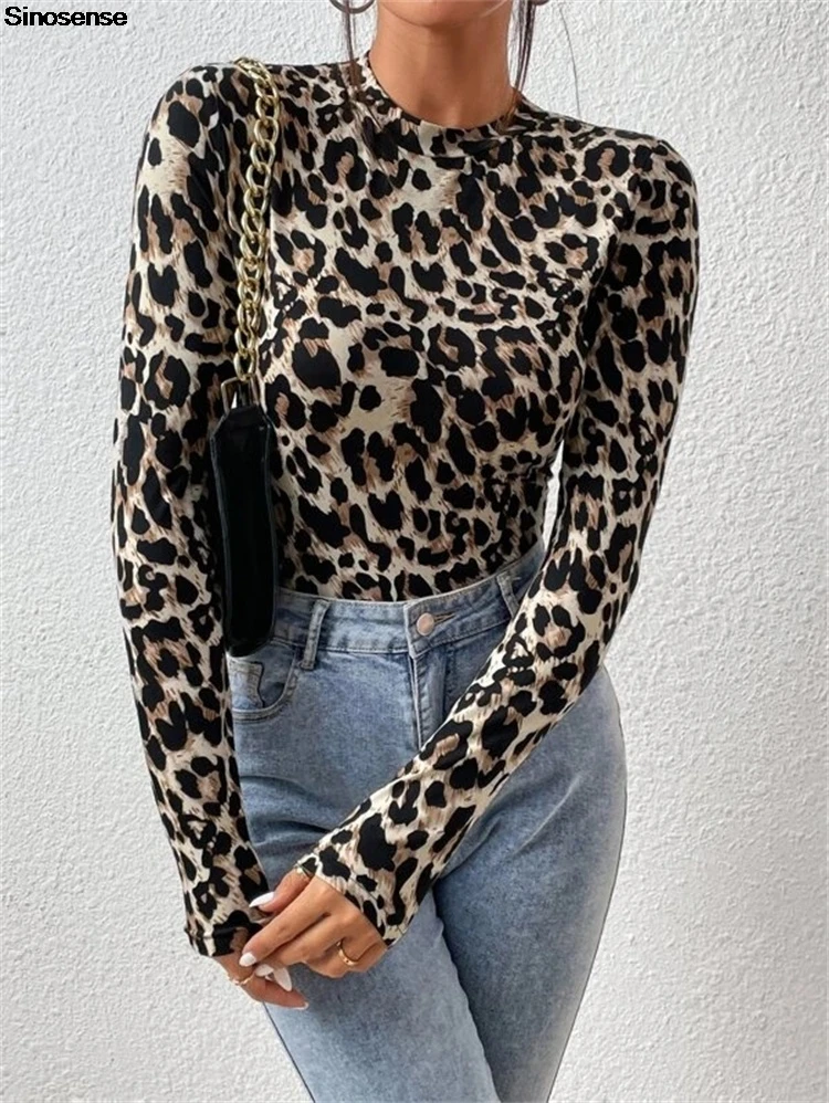 Women's Leopard Print Stand Collar Long Sleeve Bodysuit Fall Fashion Going Out Tops Y2K Daily Wear Street Date Night Leotards