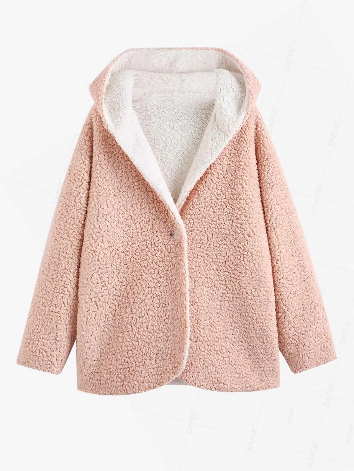 ZAFUL Women's Reversible Fashion Daily Faux Fur Shearling Teddy Hooded One Button Drop Shoulder Long Coat