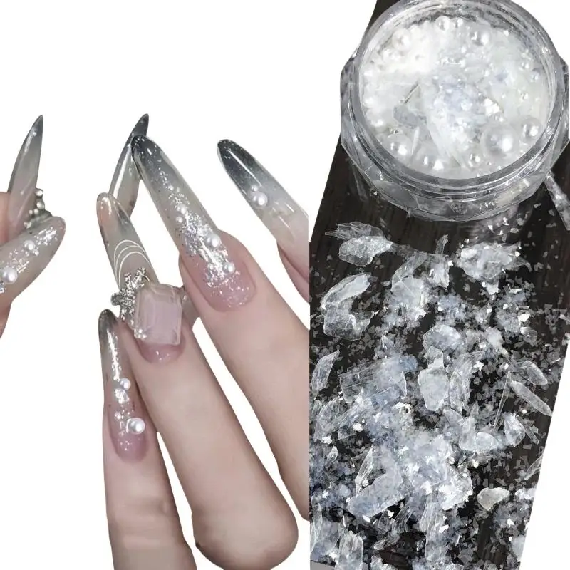 Irregular Transparent Aurora Shell Slices Nail Charms White Imitation Pearl Beads Nail Sequins Flakes DIY Nail Decorations