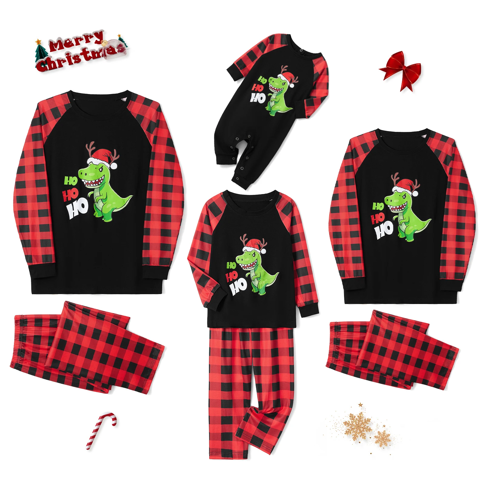 Family Matching Christmas Set Dinosaur Print Long Sleeve Round Neck Tops/Romper Plaid Trousers