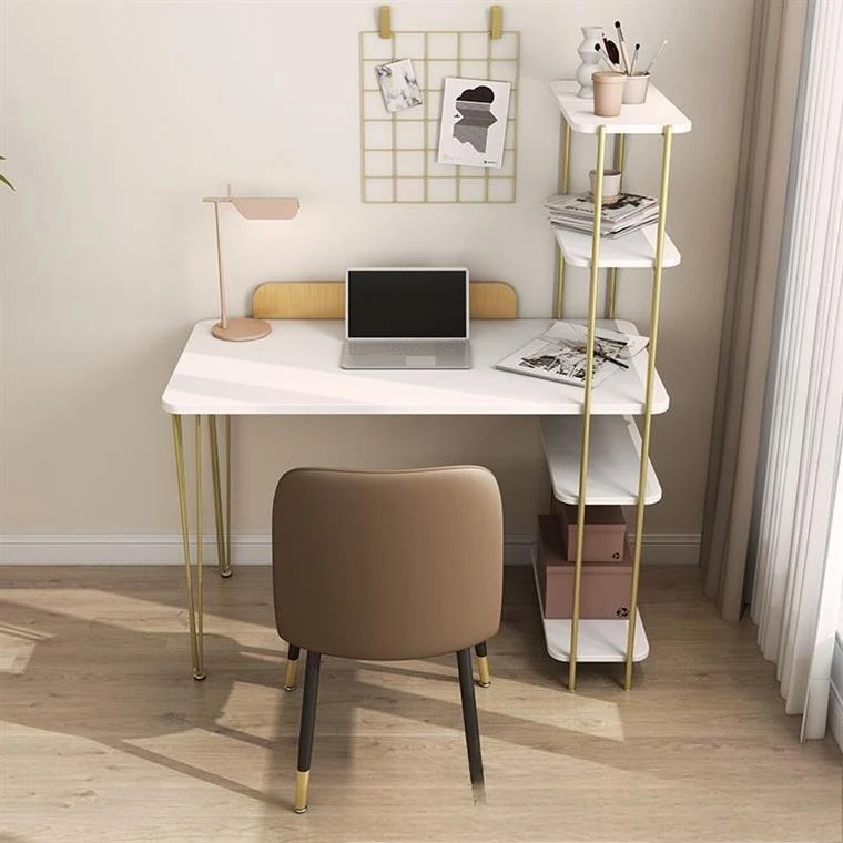 White solid wood desk and bookshelf integrated combination, small apartment, home bedroom, study computer desk