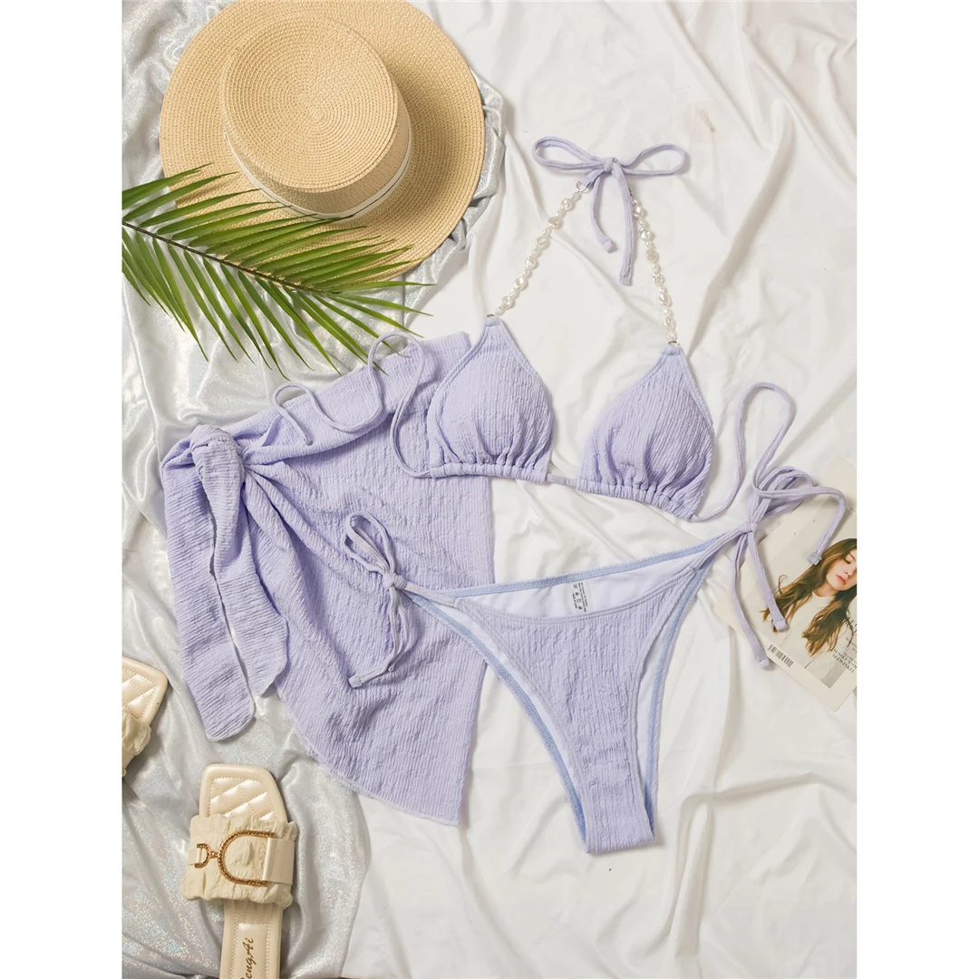 Mit Sarong, weißen Perlen, gerafftem Bikini, Damen-Badebekleidung, dreiteiliges Bikini-Set, Damen-Badeanzug, Badebekleidung, Badeanzug, Modell V5593. – Detail 24