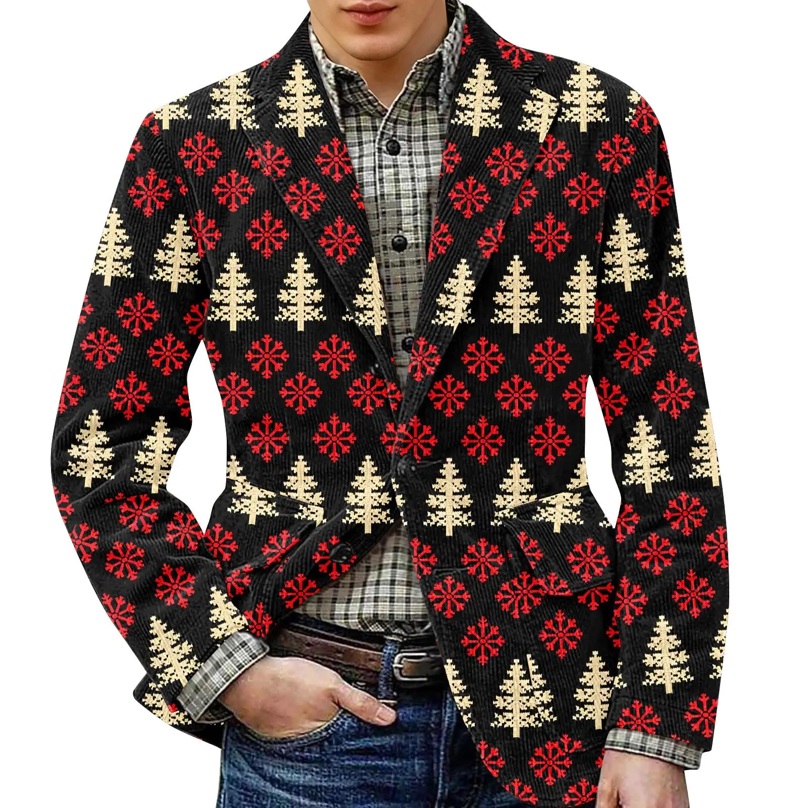 

Blazer Men Christmas Tree Snowflake Print Corduroy Casual Jacket Fashion-Forward Men's Apparel Stylish Festive Leisure Blazer