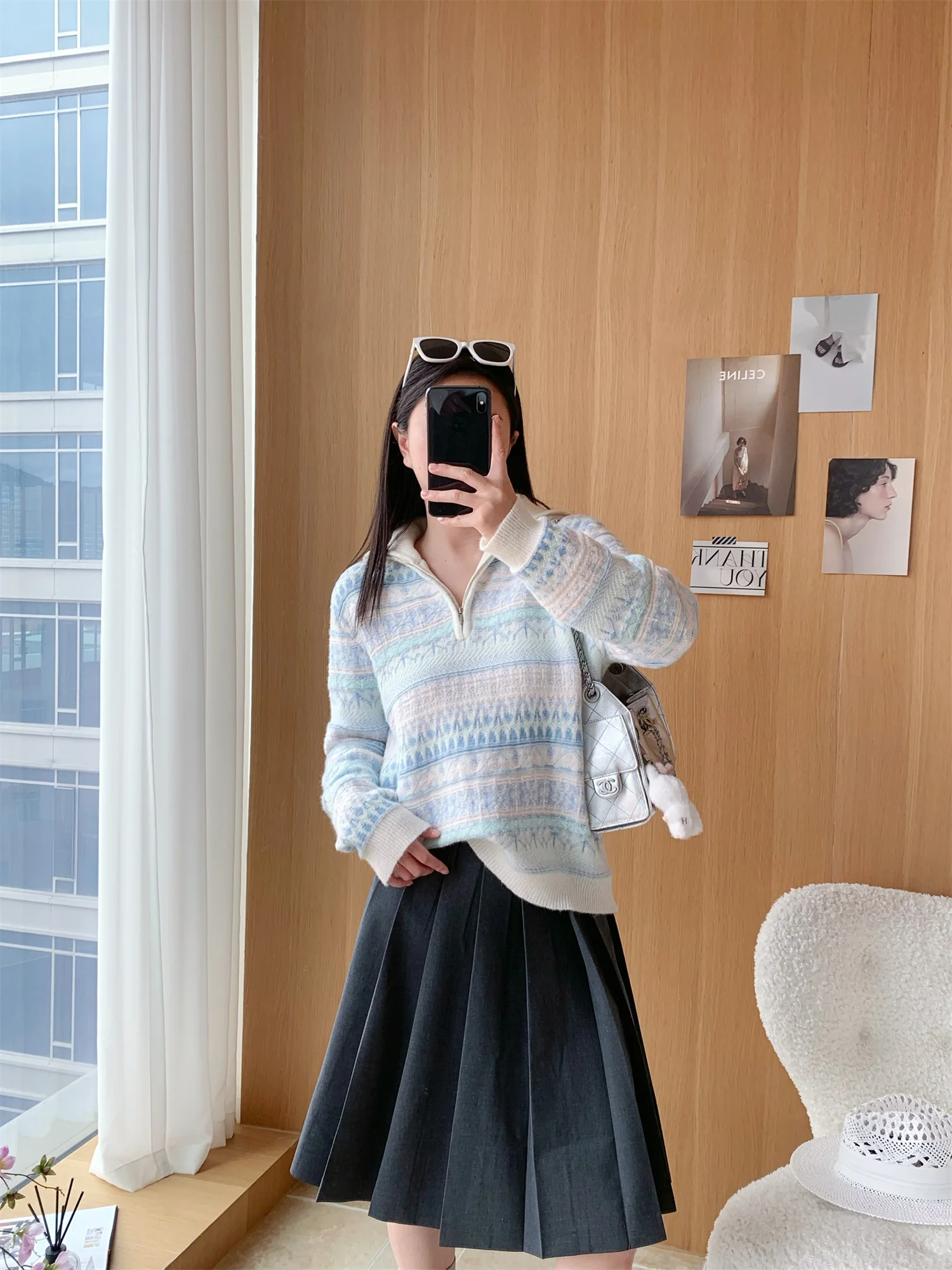 Flippedaikoko26 Early Spring Fair Isle Print Wool Camere f Zip Hoodie H5 Girl's Loose Fit Long Sve Thermal Knitwear