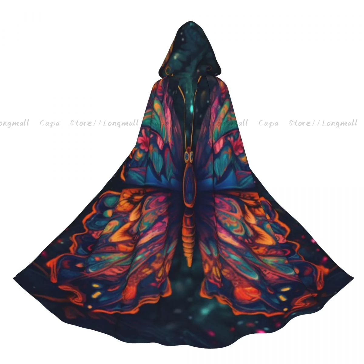 Adult Halloween Beautiful Butterfly Psychedelic Fractal Art Cloak Cape Hooded Medieval Costume Full Length Dress Coat