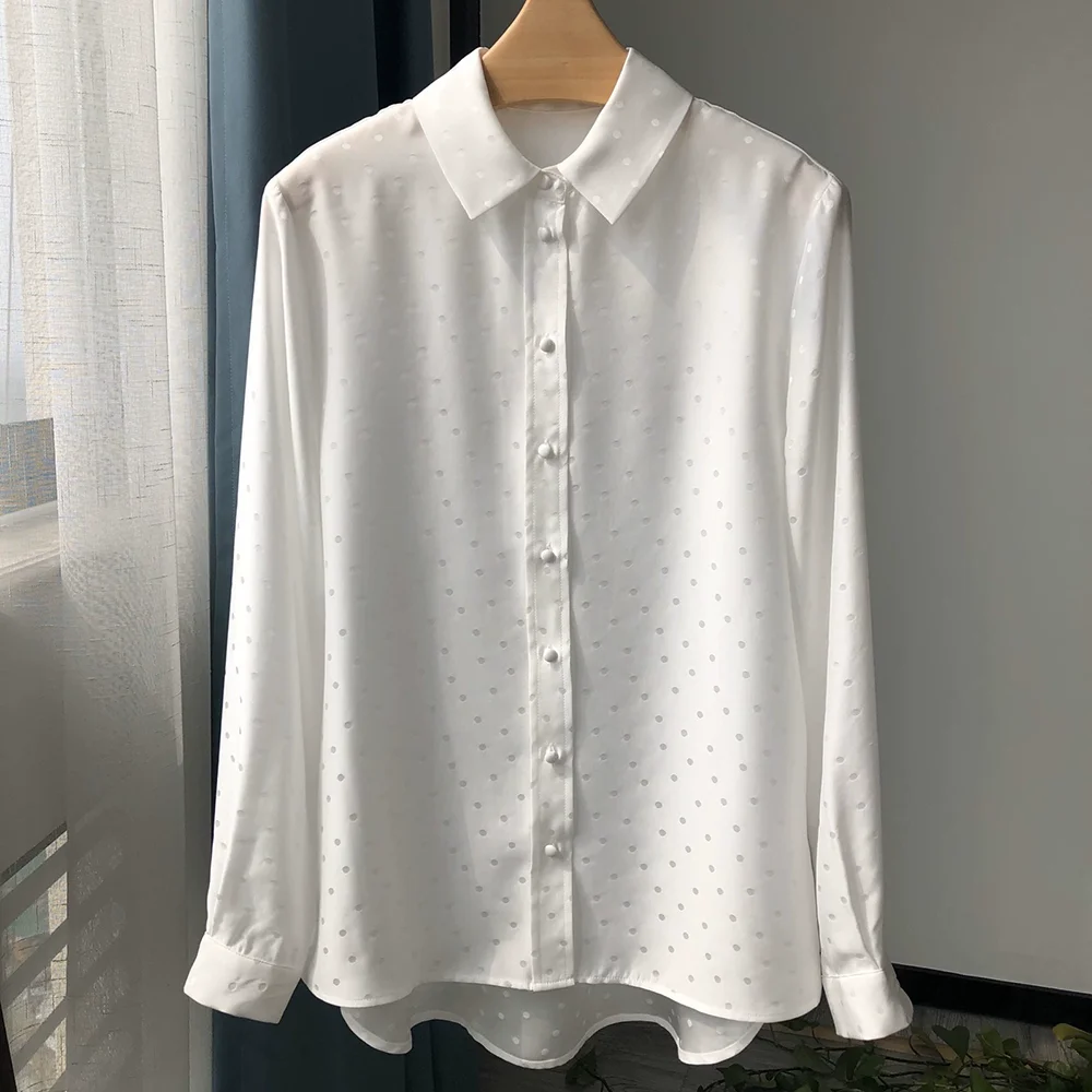 

2025 New Mulberry Real Silk Shirts Women Plain Crepe Satin Glossy Polka Dots Jacquard Long Sleeve Tops Spring Summer Blouse