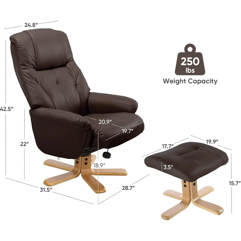 Swivel Recliner Chair with Ottoman, Stylish Faux Leather Recliner Chairs for Adults, 360° Swivel Reclining Chair for Living Room