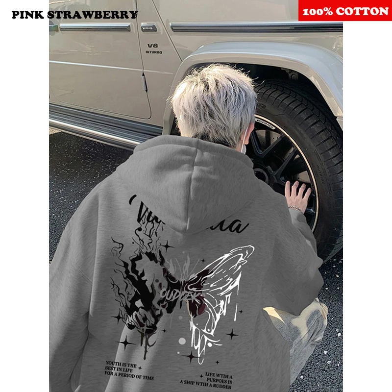 아메리칸 버터플라이 프린트 후드티 남성 가을 겨울 2025 신상 패션 스트릿 루즈 캐주얼 캥거루 파우치 Y2K 탑 남성 스웨트셔츠