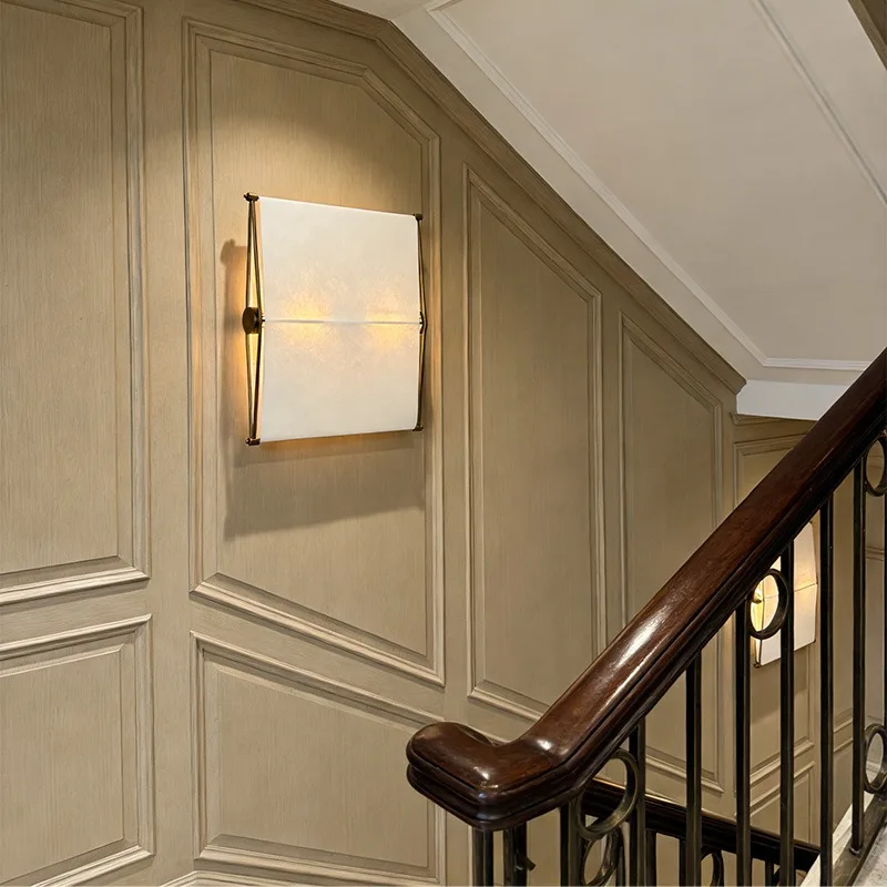 Italian minimalist square paper cover wall , copper frame entrance staircase study background wall soft light atmosphere 3