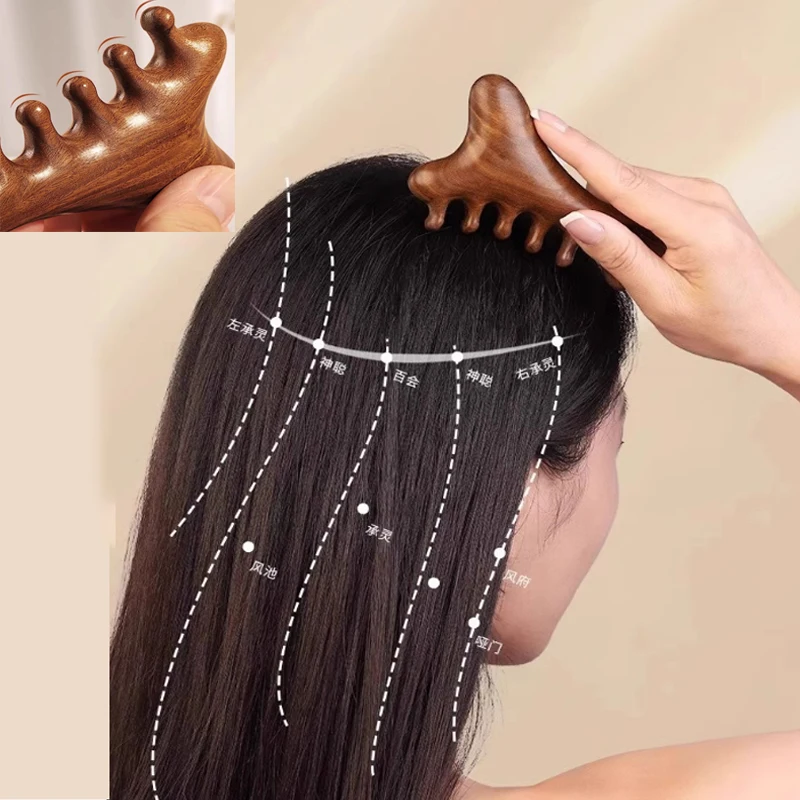 Multi-functional 4-in-1 Red Sandalwood Comb, Meridian Massager for Head Scraping, Massage Stick for Face, Eyes and Nose