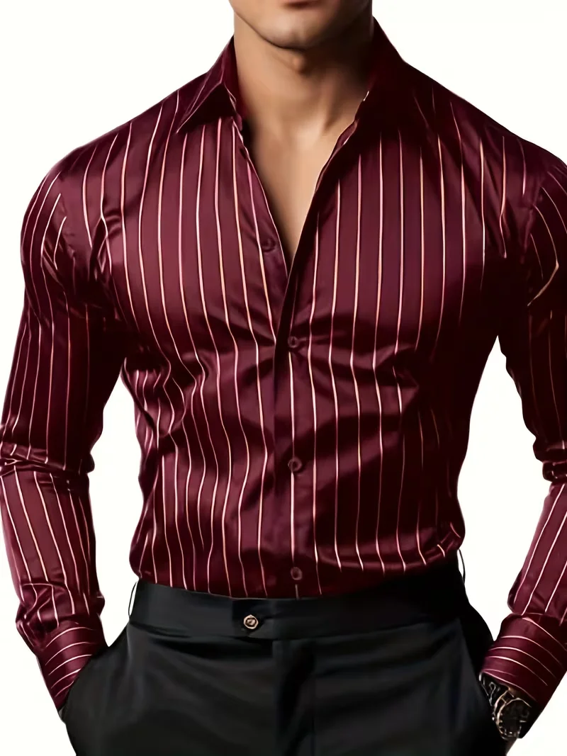 Camisa listrada masculina da moda: estilo elegante, casual e ao ar livre com mangas compridas, design de lapela e botões, macia e confortável