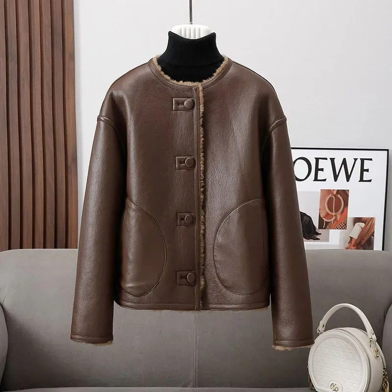 

Brown O-neck Autumn Winter Jacket Women Fur Splicing PU Leather Coat Long Sleeve Single Breasted Outerwears Warm
