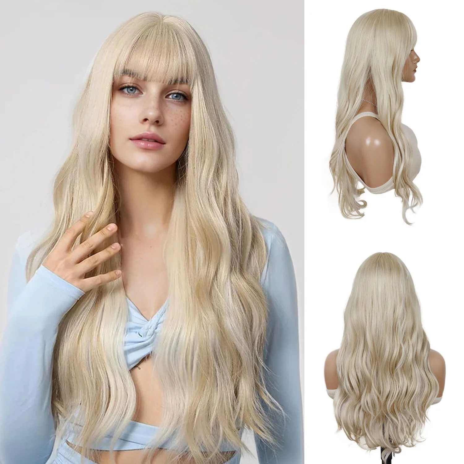 

30 Inch Supder Long Wig with Bangs Synthetic Hair Mixed Blonde Wigs for White Women Long Wave Hairstyle Drag Queen Costume Party
