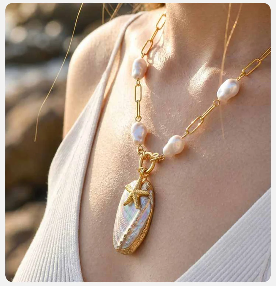 Vnox Ozean-Themen Vergoldete Imitationsperlen Abalone Seestern Anhänger Halskette für Damen, Vintage Urlaubsschmuck – Detail 3